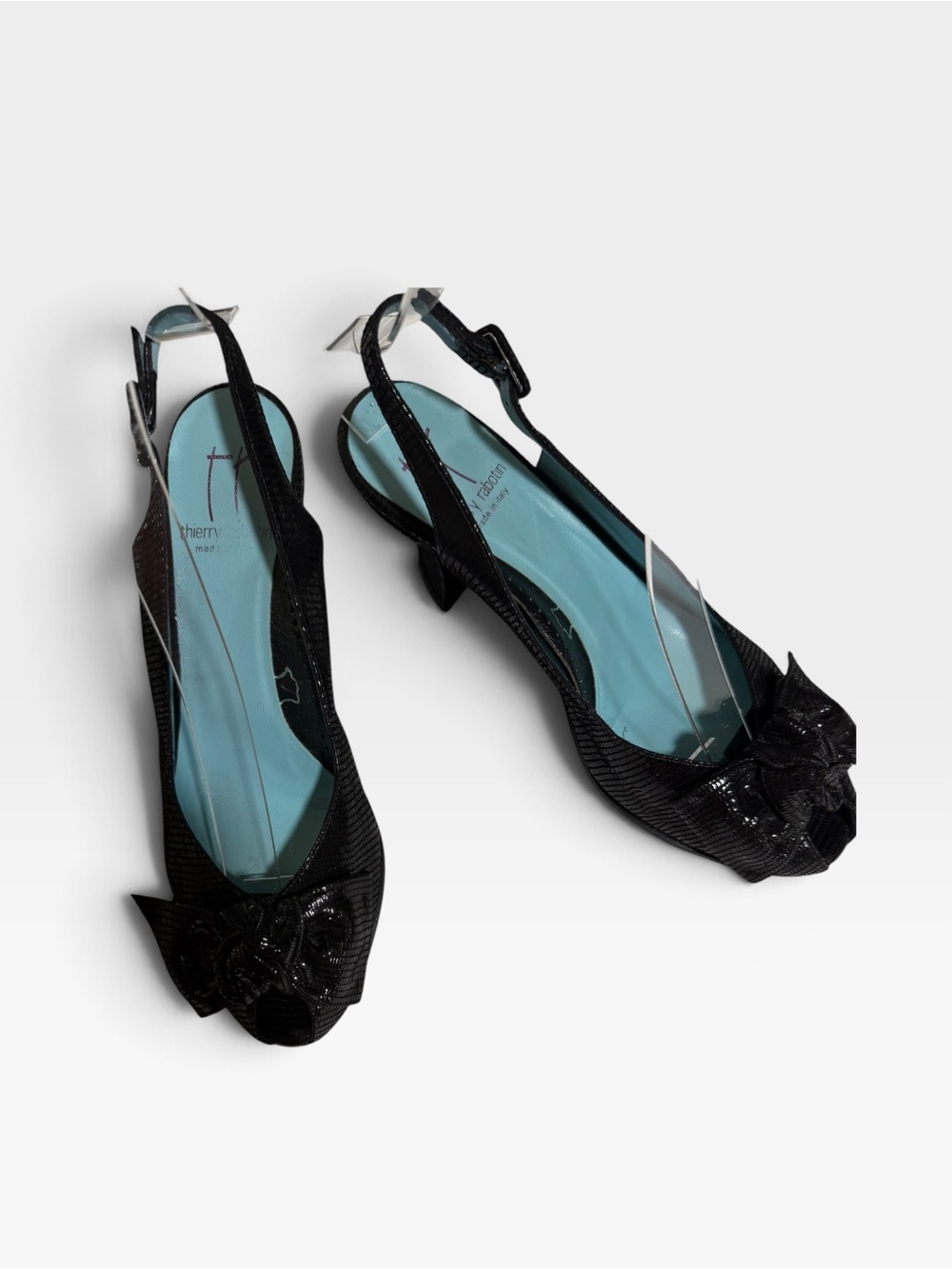 Thierry Rabotin Black Slingback Peep-Toe Mules with Bow Accent